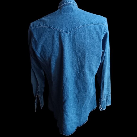 Vintage Men's Western Shirt Medium Wrangler Faded Denim Pearl Snap 1990's Cowboy - Picture 6 of 8